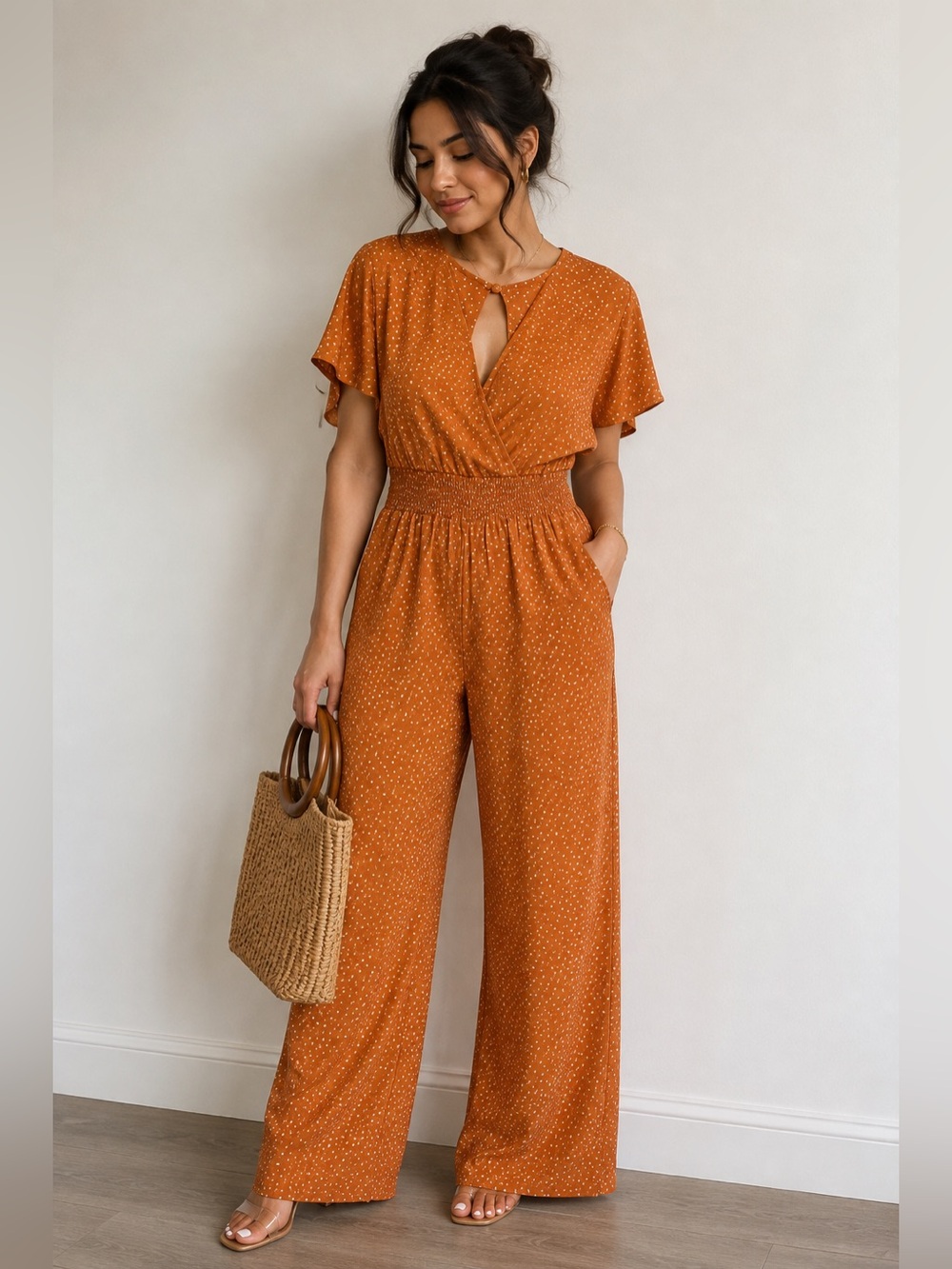 Rust Polka Dot Smocked-Waist Jumpsuit - Women